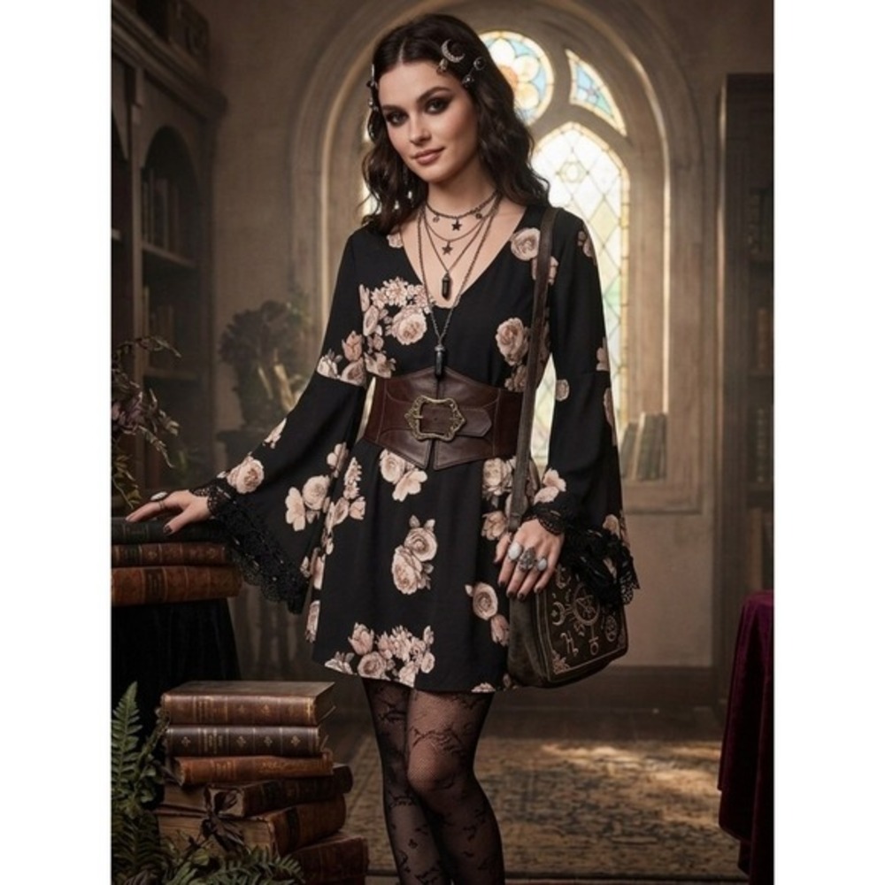 ASTR the Label Floral Bell Sleeve Mini Dress Tunic Black Lace Trim‎ S Whimsigoth